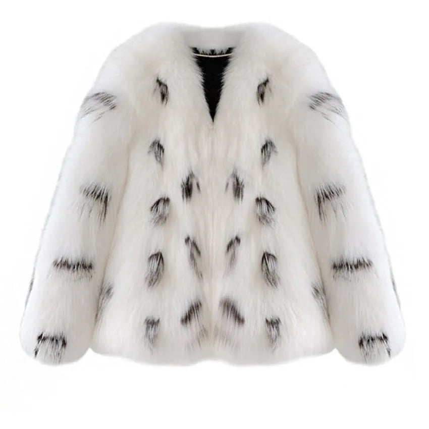 Women's short black and white faux fur coat with raccoon pattern, slim fit, plus size.