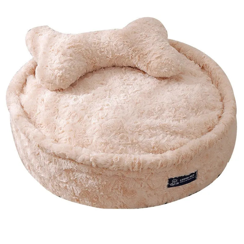 Milk tea coloured washable pet bed with round nest design shown in multiple sizes