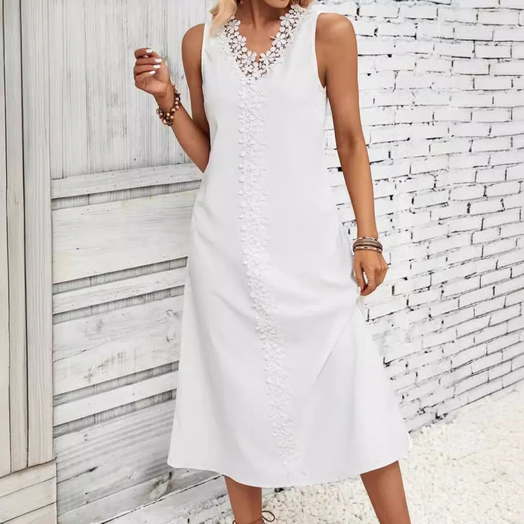 Women's sleeveless lace long patchwork dress with A-line skirt and crocheted flowers in white or black