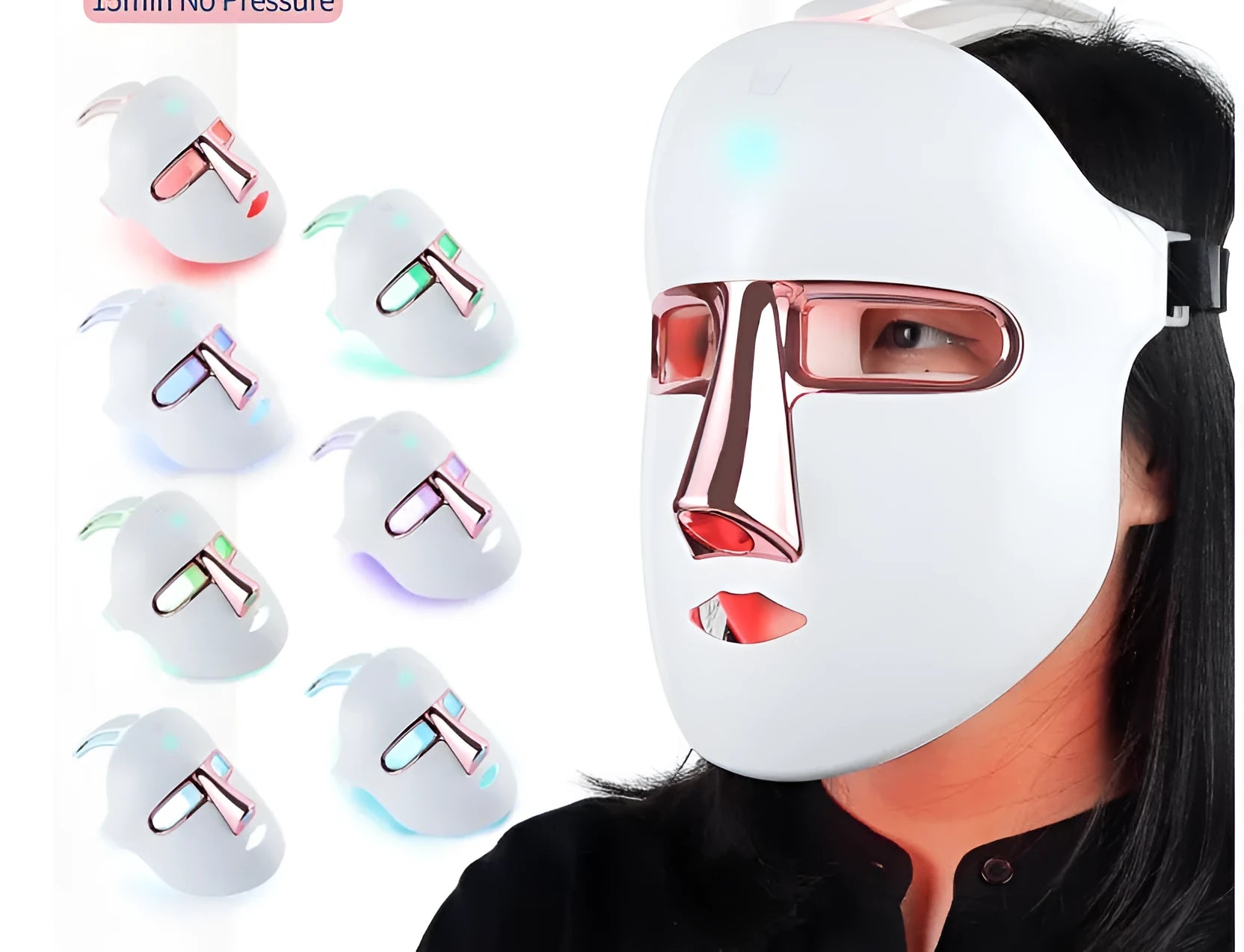 Rose Gold LED facial mask with seven colour lights and elastic band for home use
