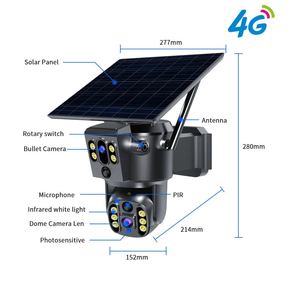 Solar-powered outdoor security camera with dual lens monitor on wall mount