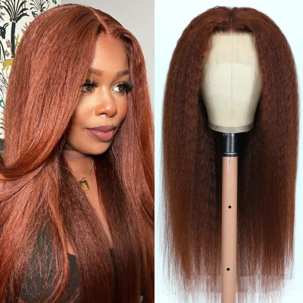 Medium split fluffy brown long straight hair wig 70cm length on neutral background