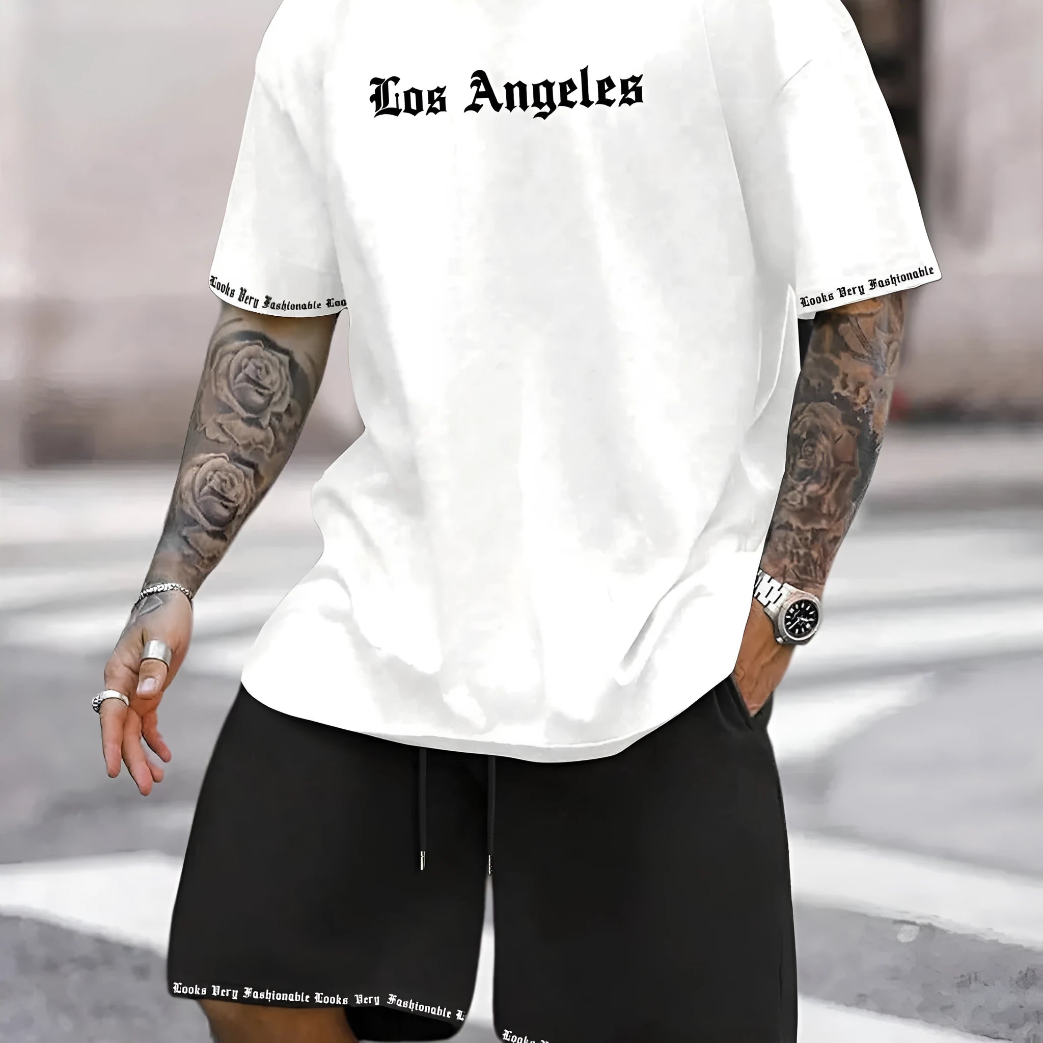 Men's blue printed short-sleeved top and matching shorts, a sports style co-ord set in quick-dry fabric.