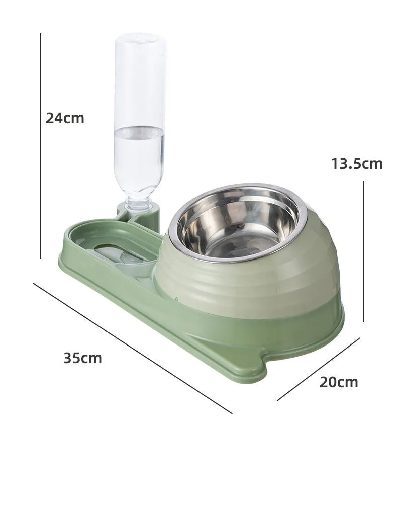 Brown elevated cat food bowl with automatic water dispenser bottle, whisker-friendly design