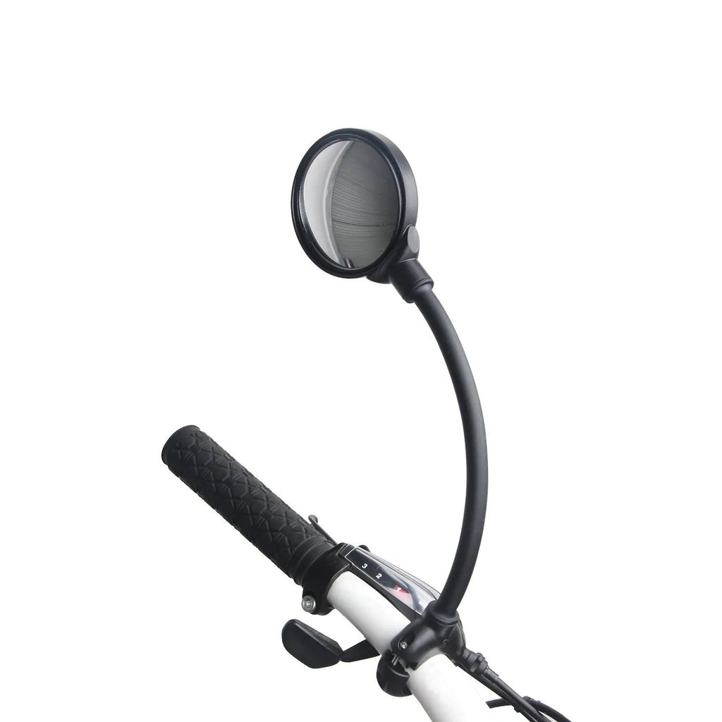 Black metal bicycle rearview mirror with hose adjustment clamp attached to handlebar