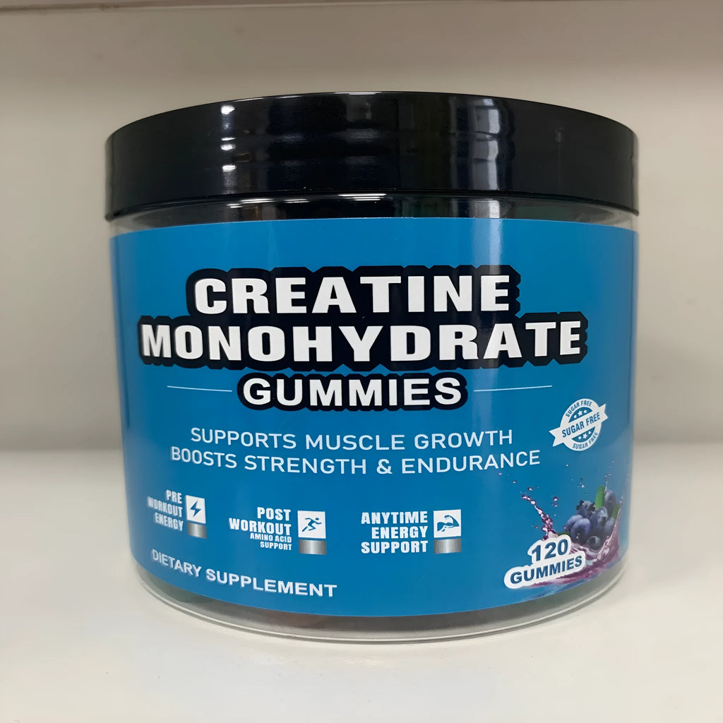 Bottle of raspberry flavoured creatine monohydrate gummies containing 120 soft candy tablets