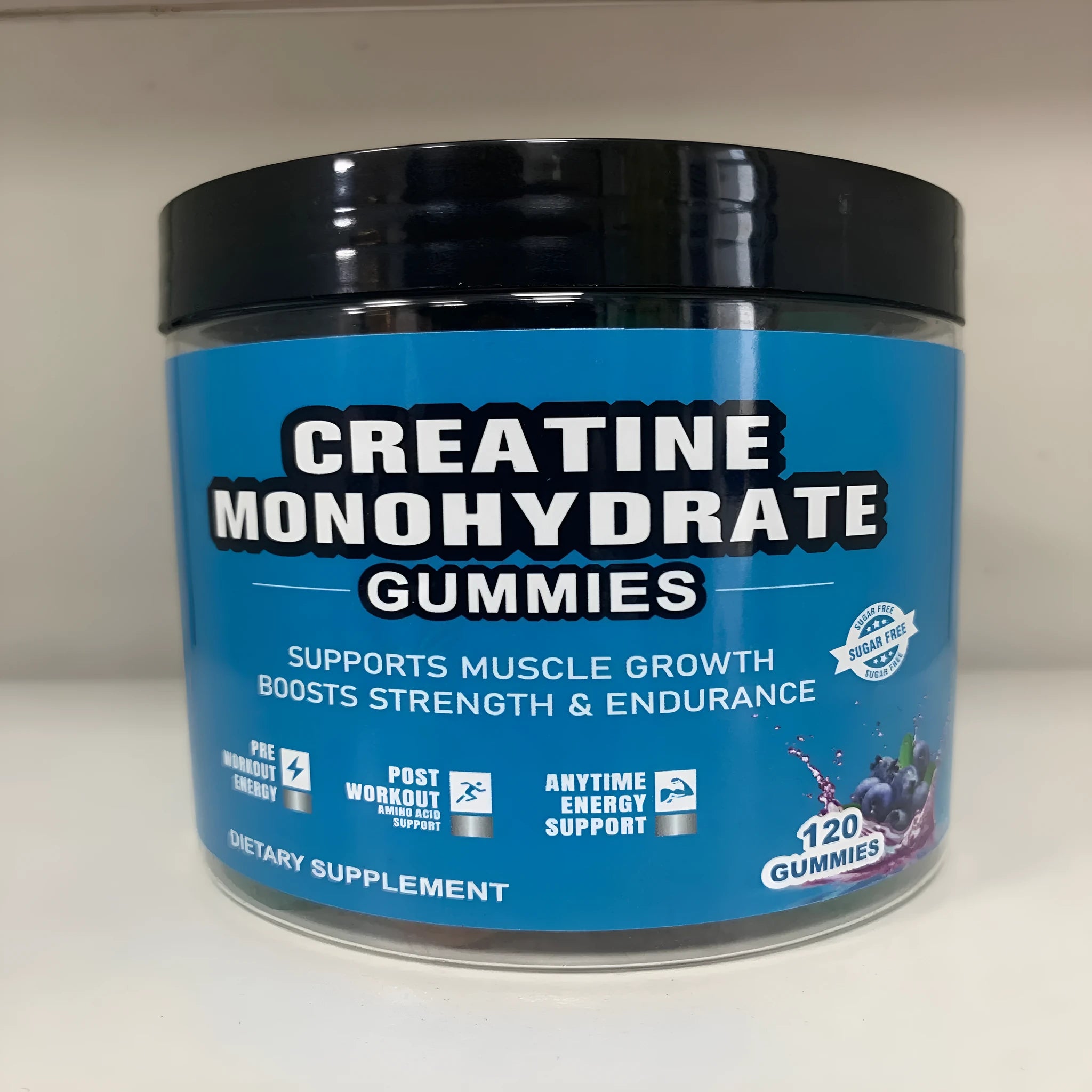 Bottle of raspberry flavoured creatine monohydrate gummies containing 120 soft candy tablets