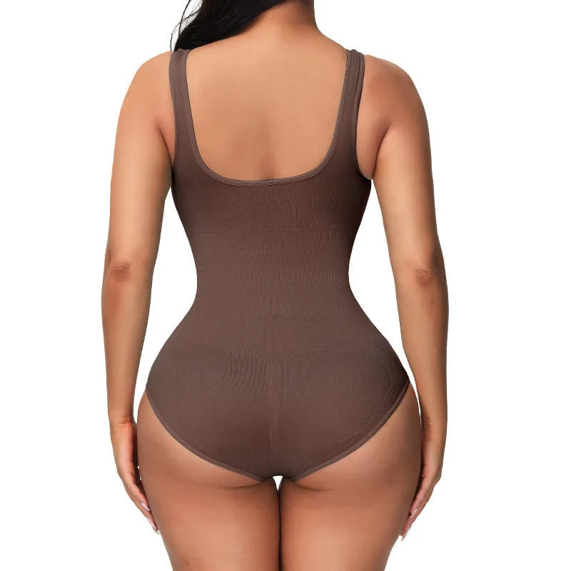 Seamless nylon women's bodysuit for waist support and body sculpting in green colour.