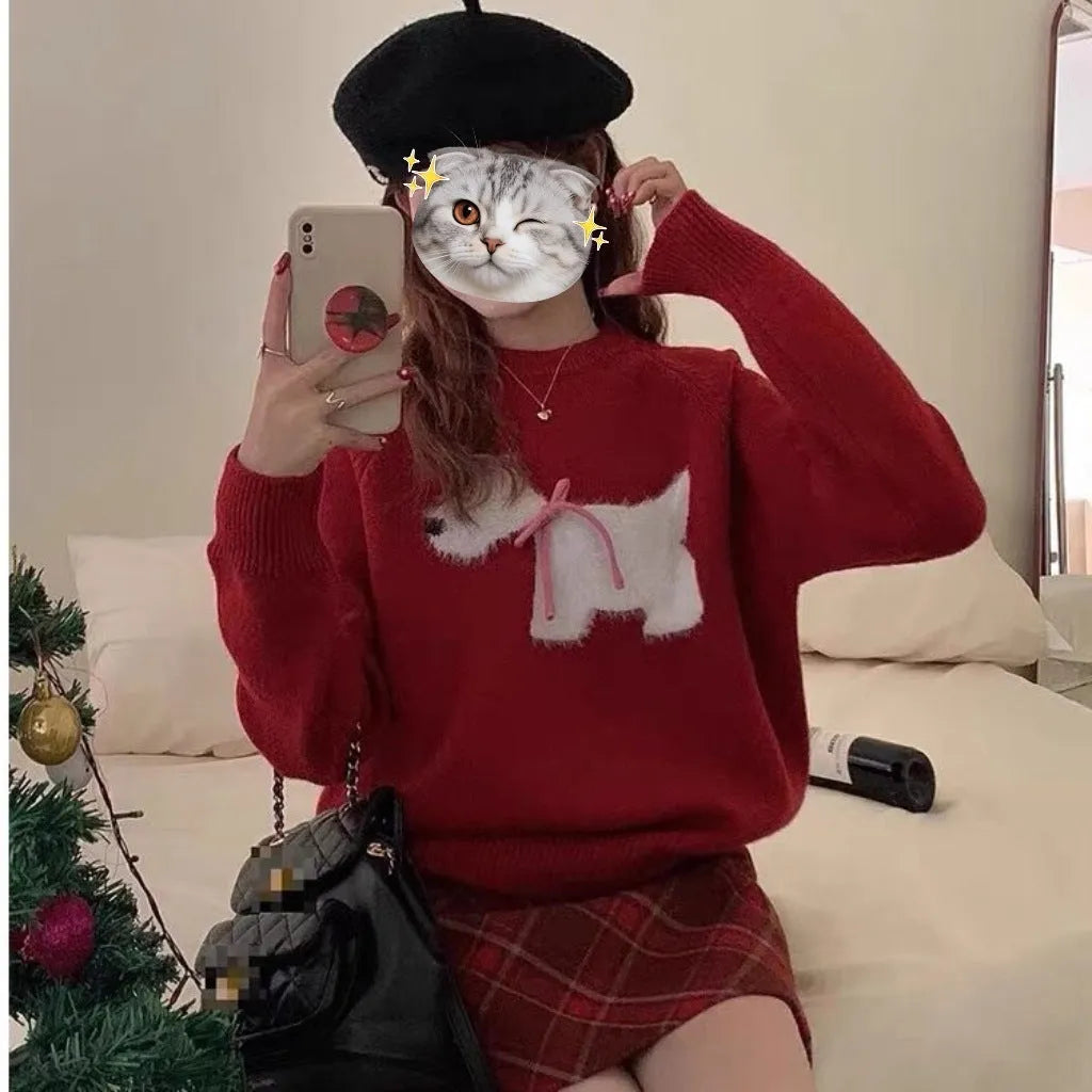 Puppy jacquard Korean pullover sweater in wool, free size, shown in wine red and gray with 3D stereo pattern