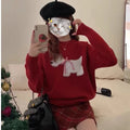 Puppy jacquard Korean pullover sweater in wool, free size, shown in wine red and gray with 3D stereo pattern