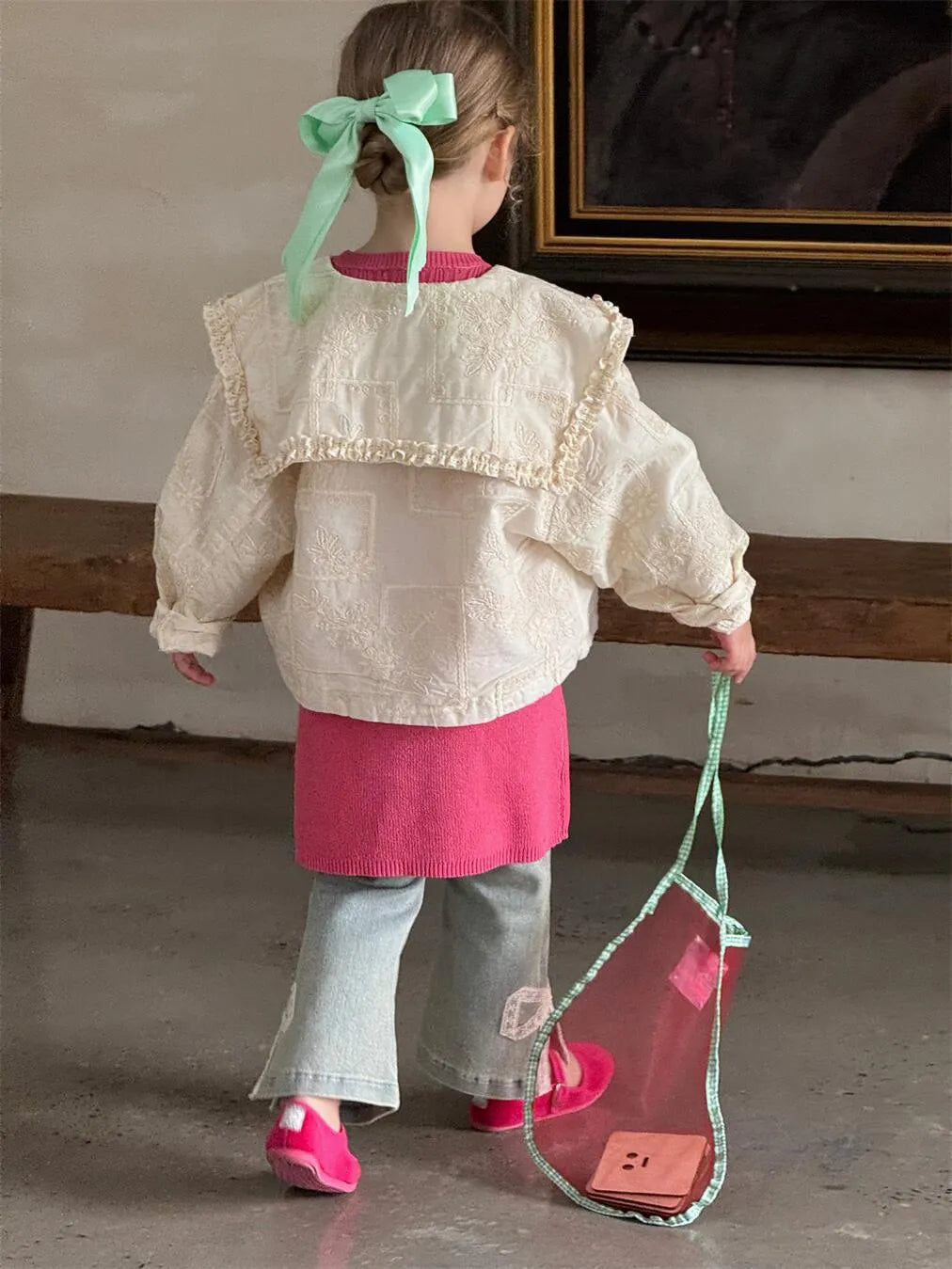 Vintage elastic lace bow bell-bottom pants in cotton denim, flared leg with lace detail, sizes 90-140cm