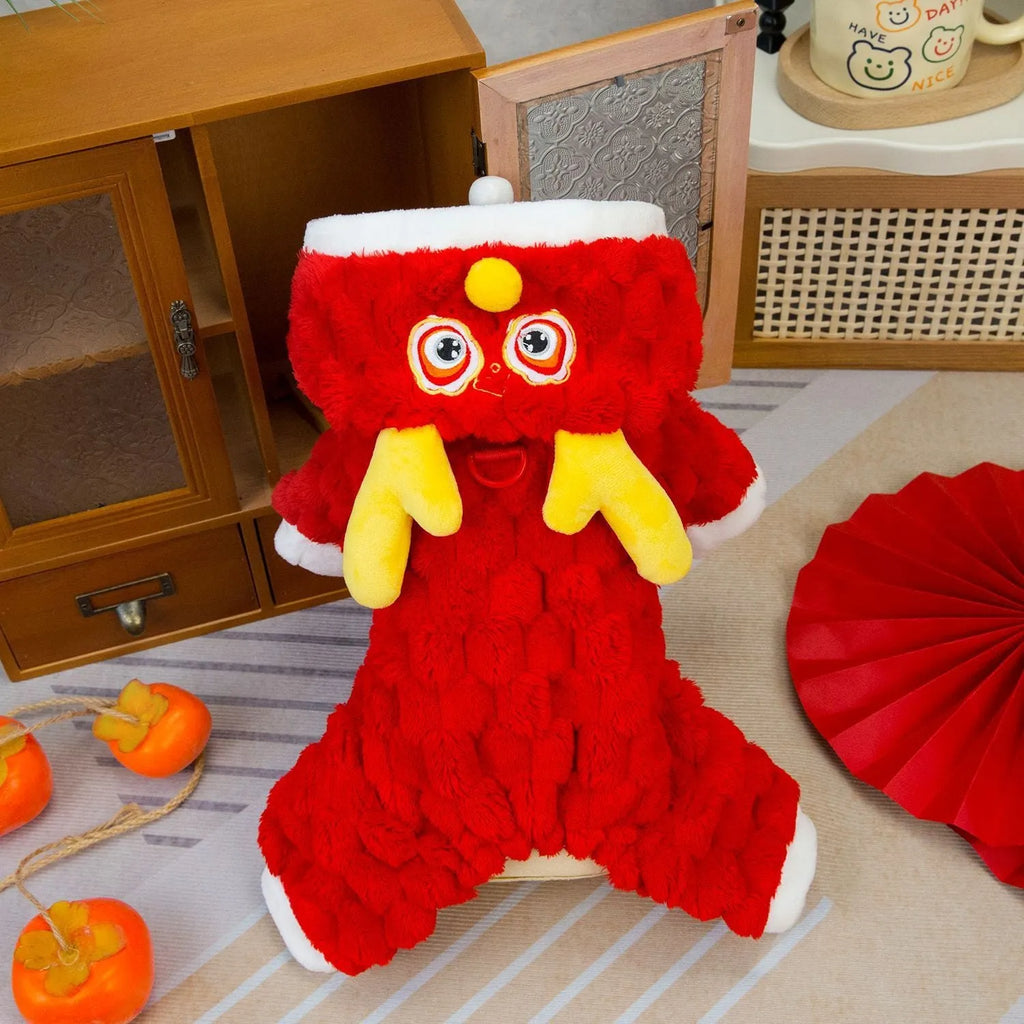 Red Little Dragon cartoon design fluffy velvet jacket for a dog or cat.