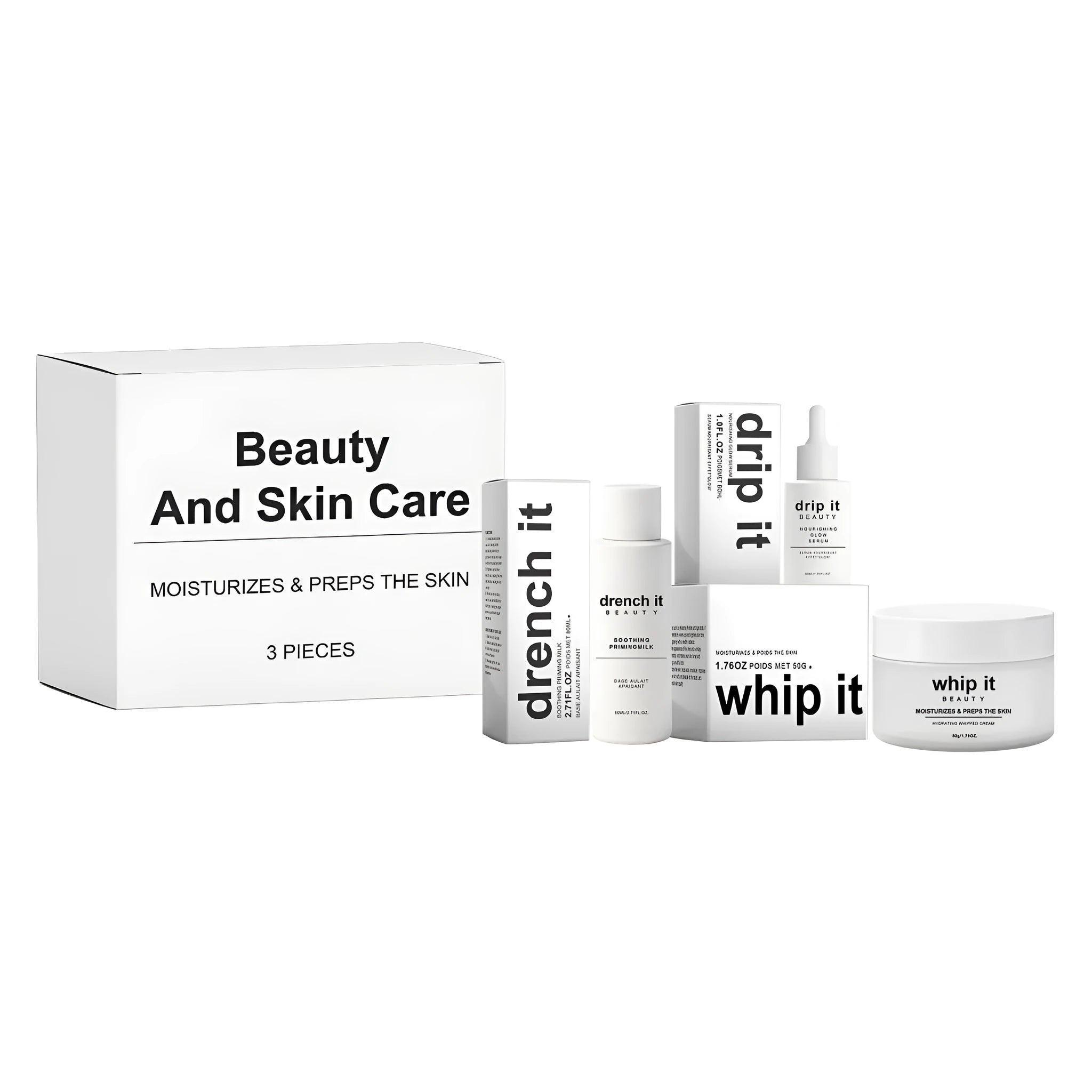 Beauty And Skin Care set with three bottles - firming facial essence, anti-wrinkle cream, and rejuvenation cream