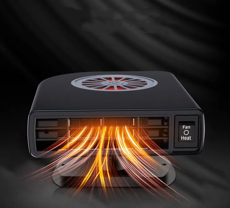 Black ABS plastic 12v vehicle-mounted car heater on a dashboard
