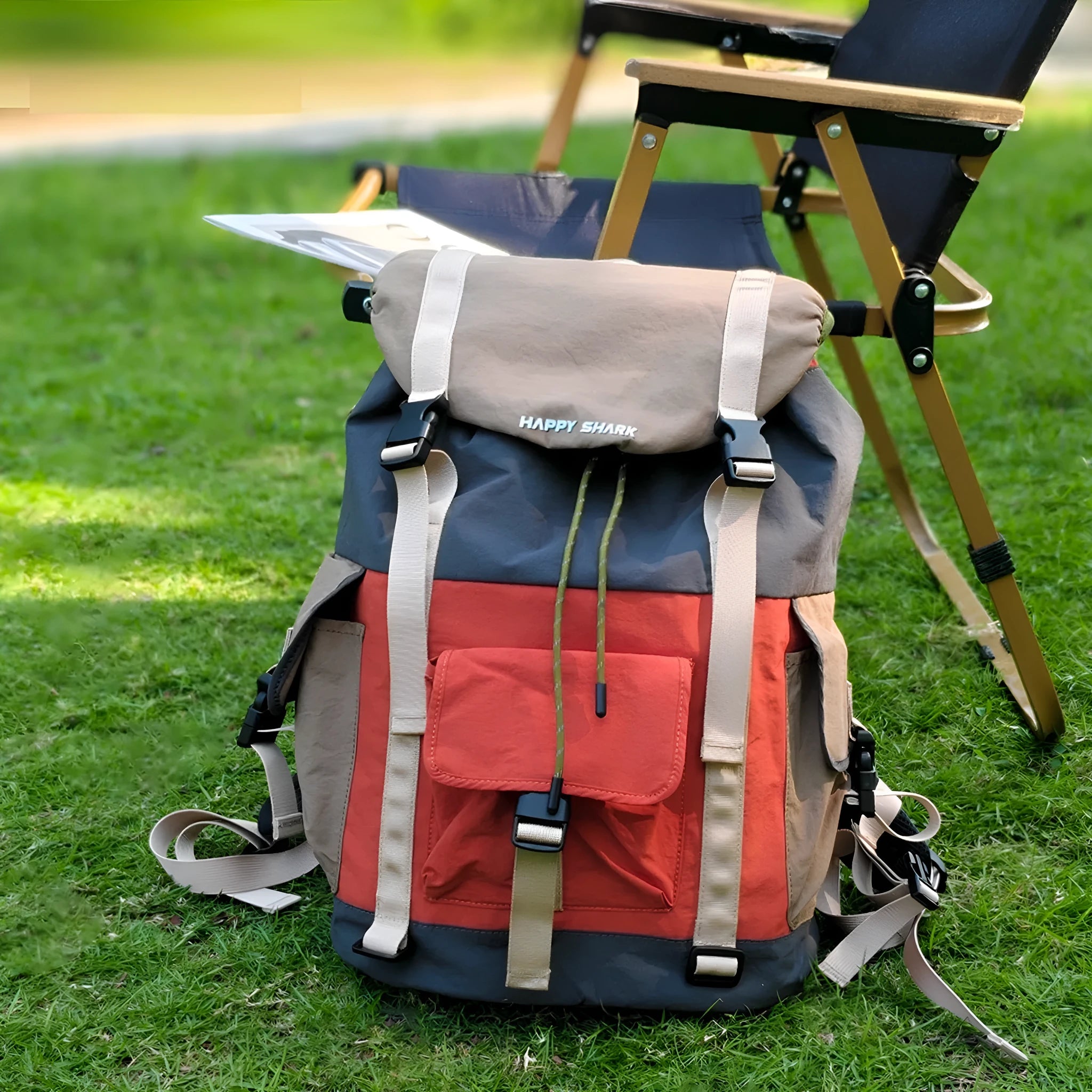 Orange and green contrast colour outdoor backpack with multiple compartments and air pillow belt system