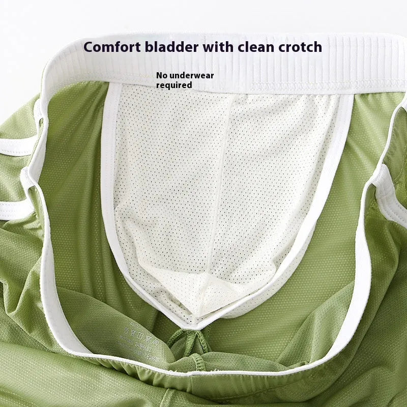 Men's black ice silk low waist sports boxers with mesh detail on a plain background.