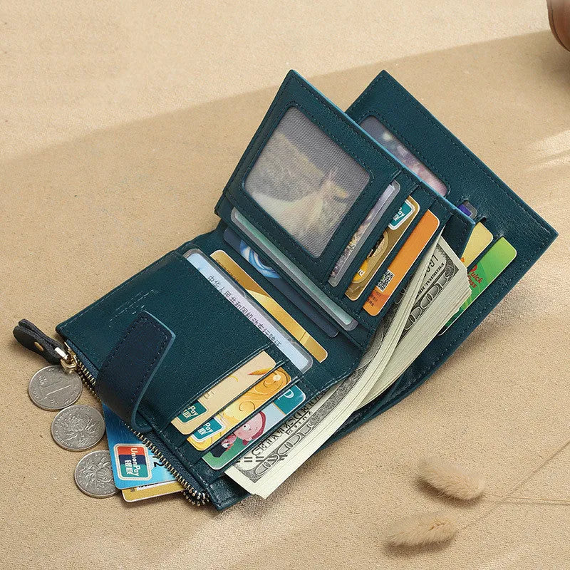Blue genuine leather anti-theft card swiping coin purse with sewing thread detailing and zipper hasp