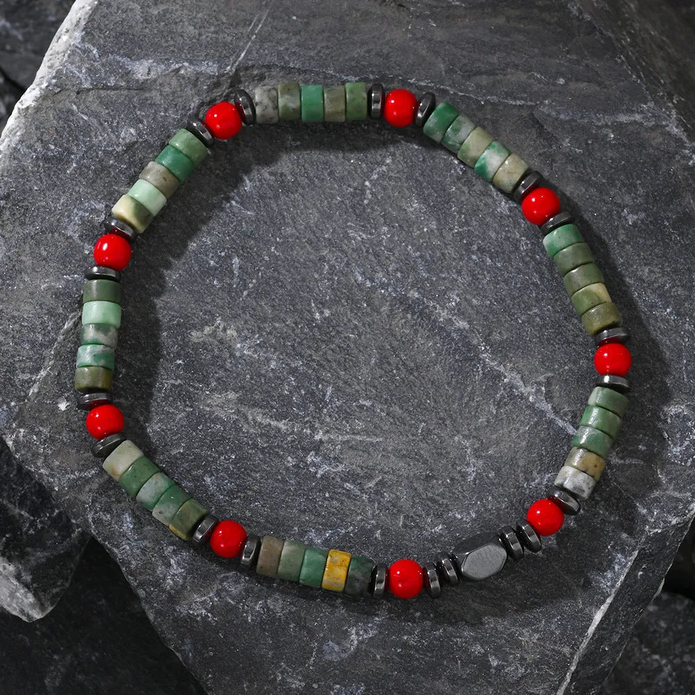 Men's bohemian bracelet with cylindrical natural stone beads on adjustable string closure