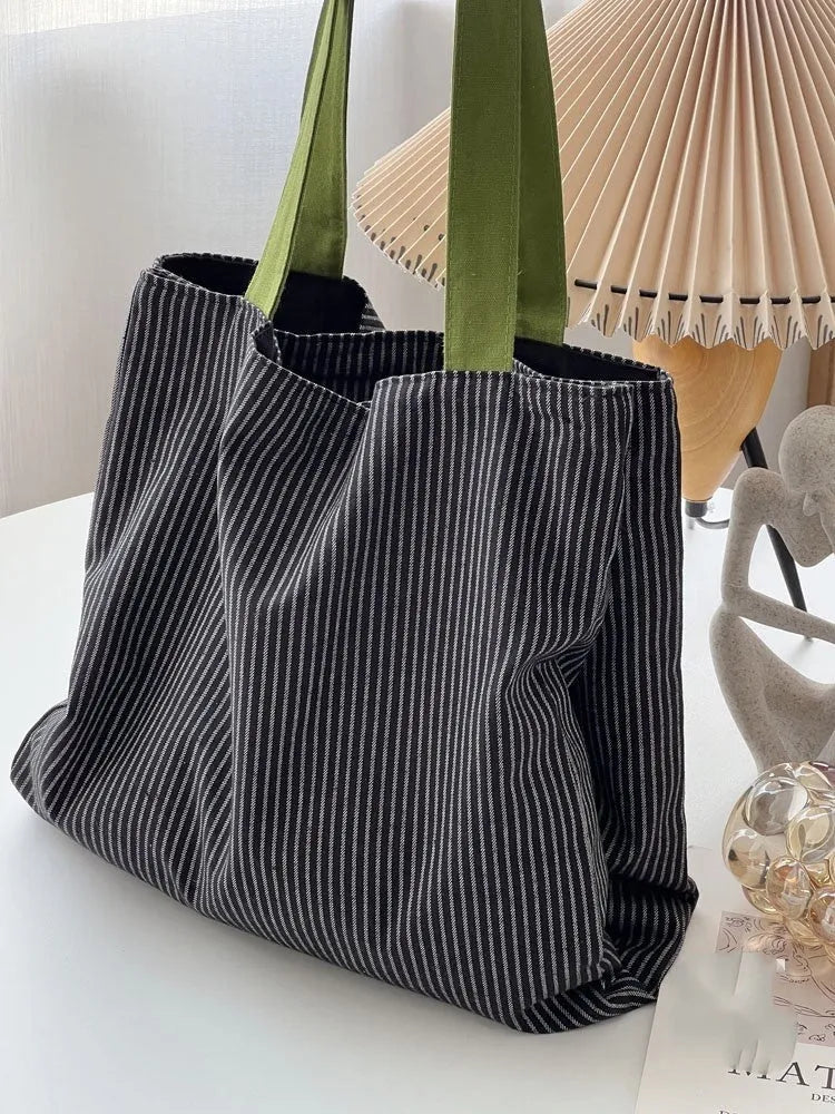 Canvas multi-layer tote shoulder bag showing light pink stripes pattern with 24cm shoulder strap