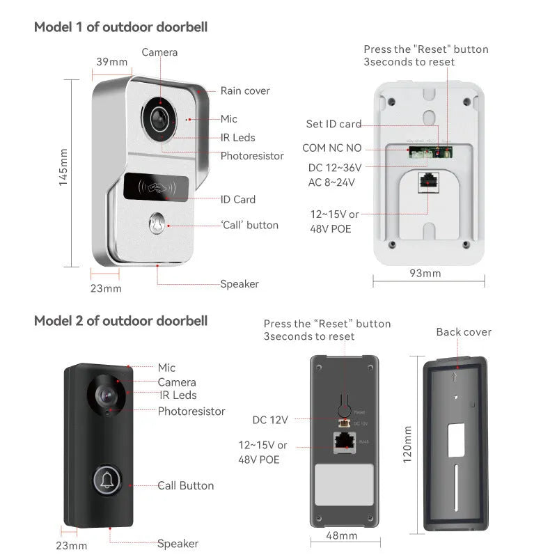 1080P video intercom doorbell system with outdoor camera unit and indoor display