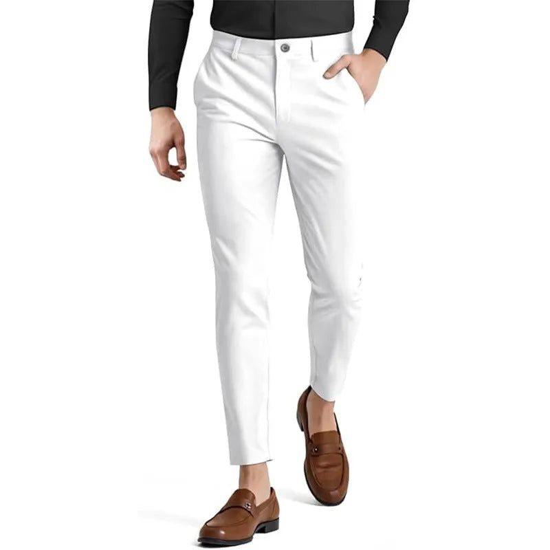 Men's slim fit elastic cotton casual pants in British style, available in multiple colours including black and khaki
