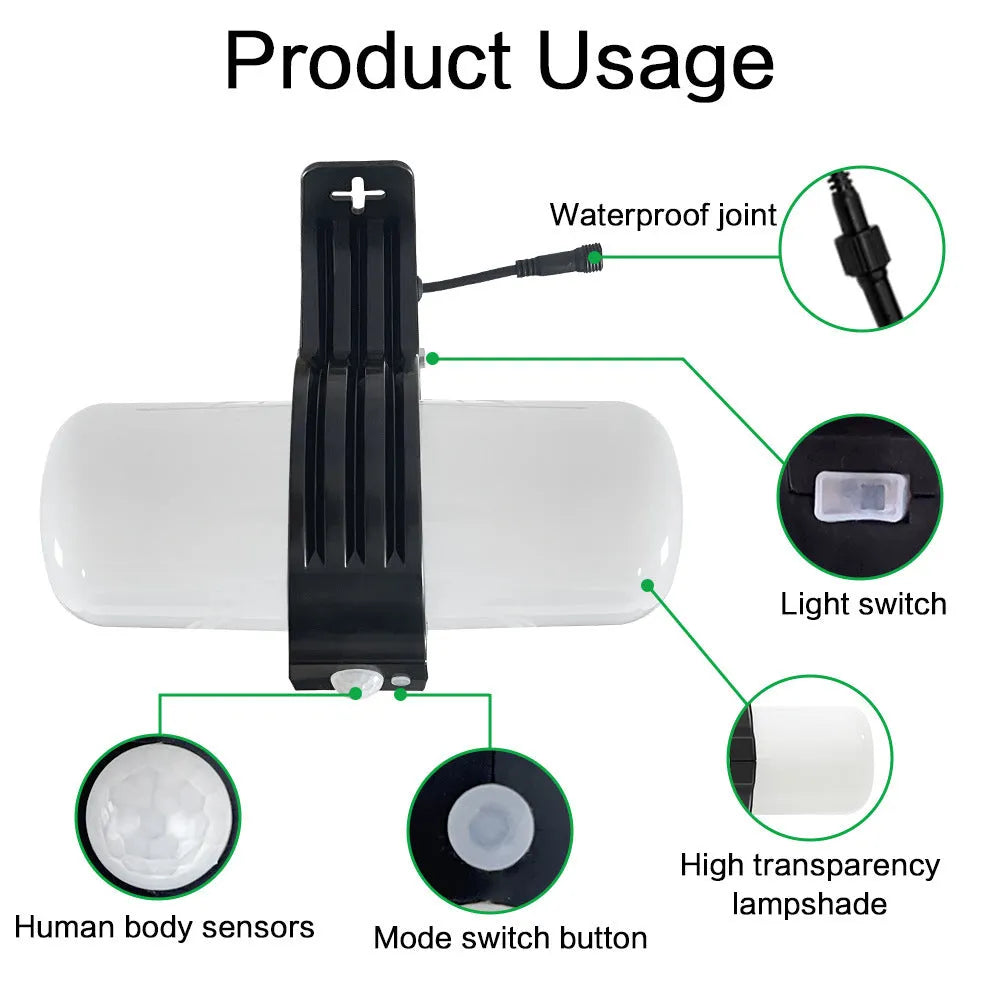 Black outdoor solar floodlight with motion sensor on wall bracket