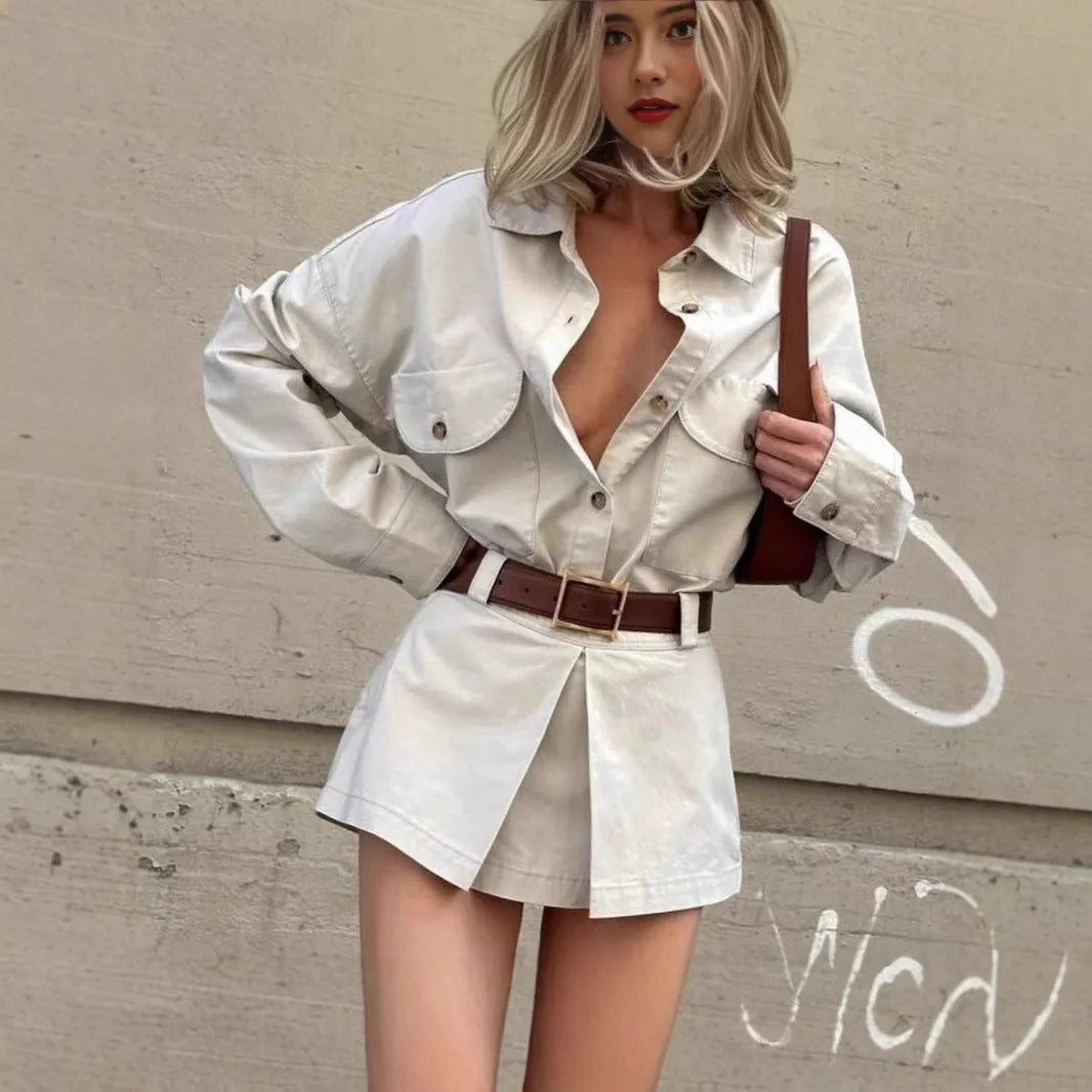 Grey button front long sleeve shirt dress with fake pockets and low waist short length