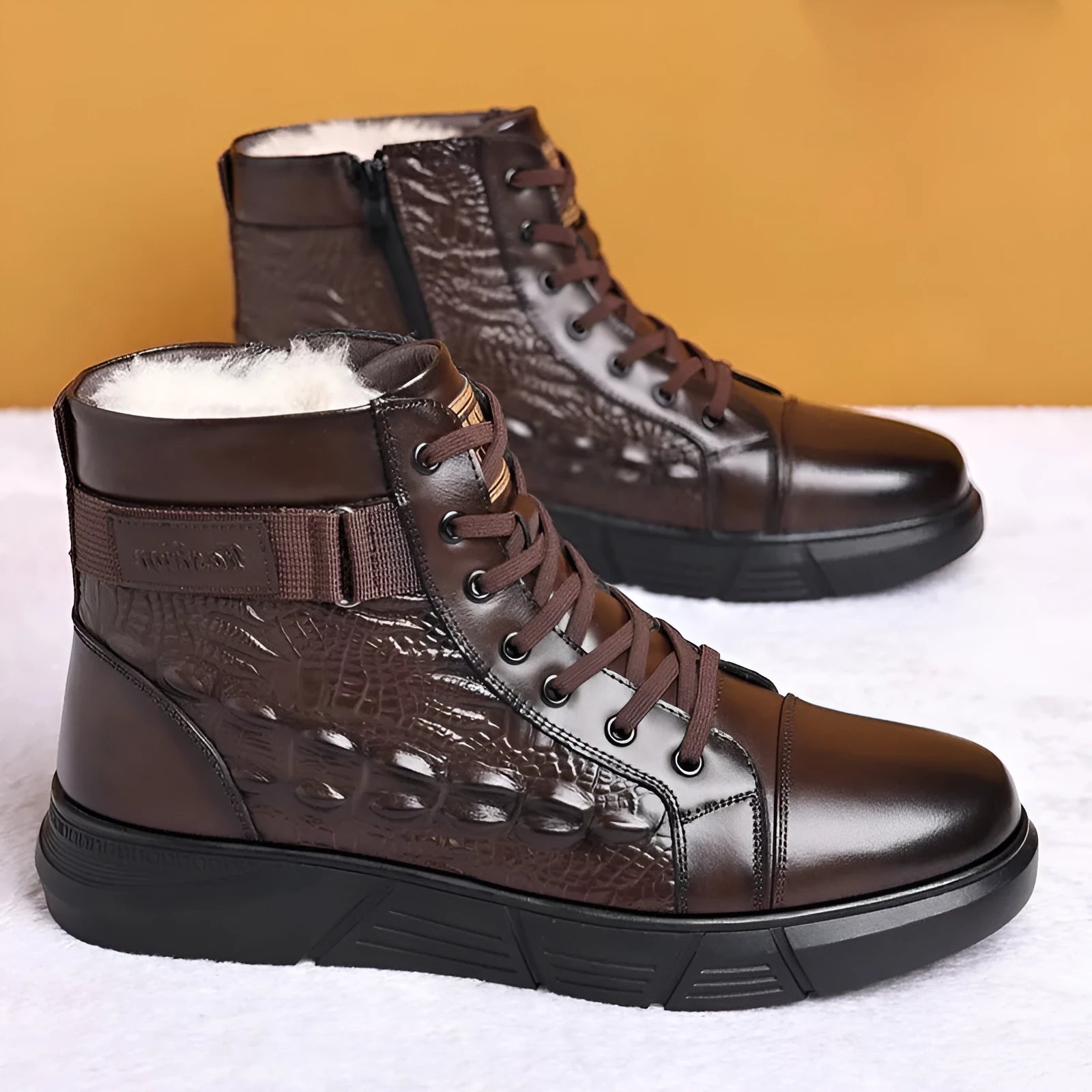 Men's black genuine leather snow boots with fur lining, velvet toe accent, and a lace-up front.