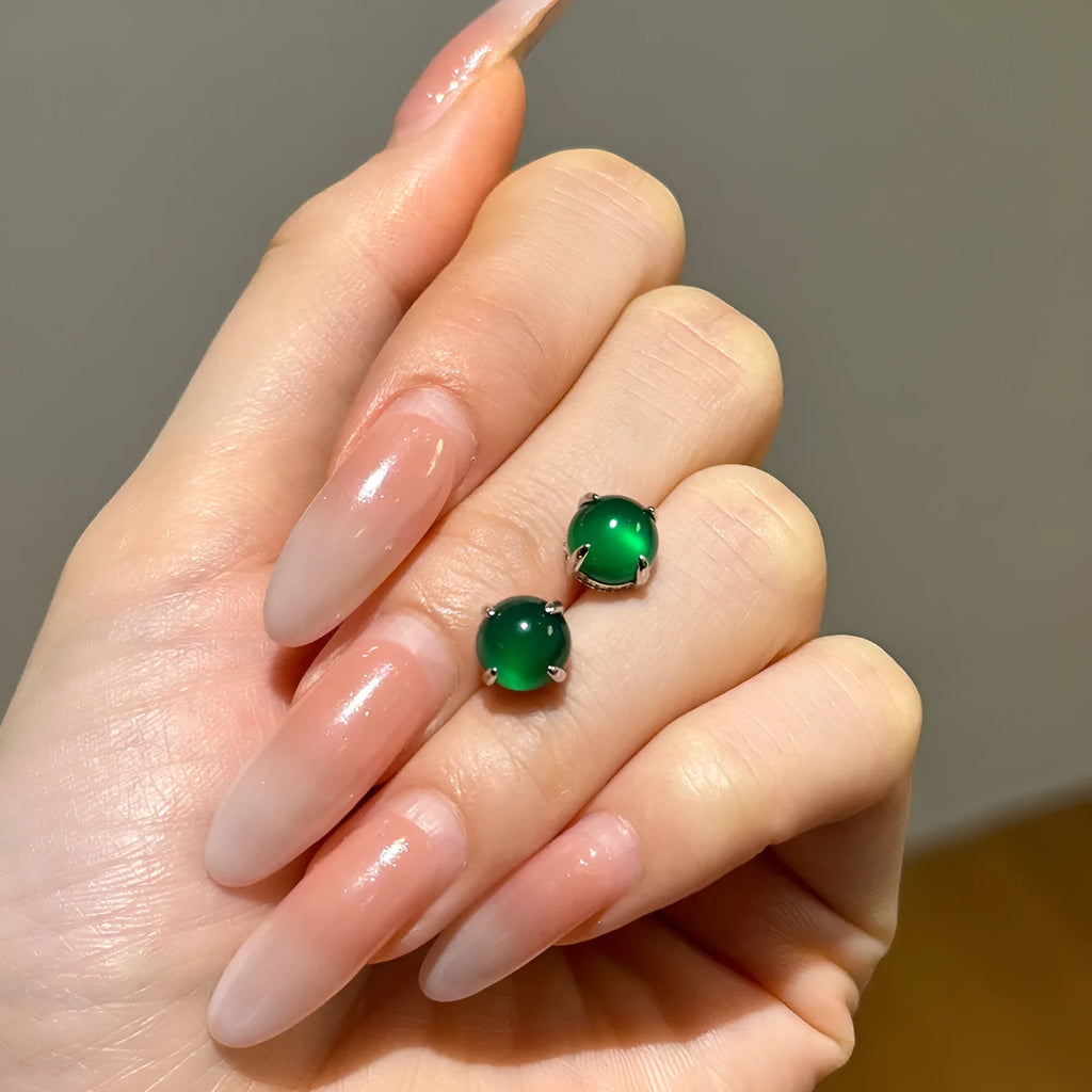 Retro S925 sterling silver green chalcedony stud earrings with platinum electroplated finish, geometric round shape
