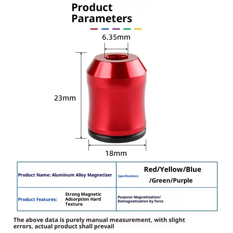 Alloy magnetizing apparatus for hexagonal handle bits and electric drill bits, shown in blue, green, purple, red, or yellow.