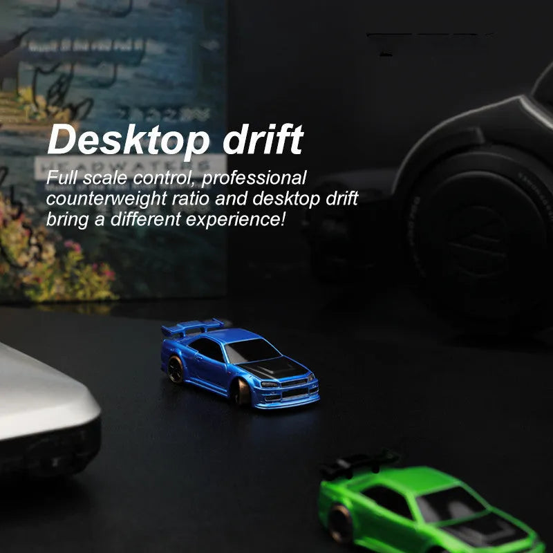 Turbo Racing C64 blue RC drift car with proportional remote control on racing track