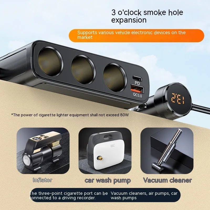 C28 Black vehicle cigarette lighter power adapter with USB and PD ports, 1 metre cable