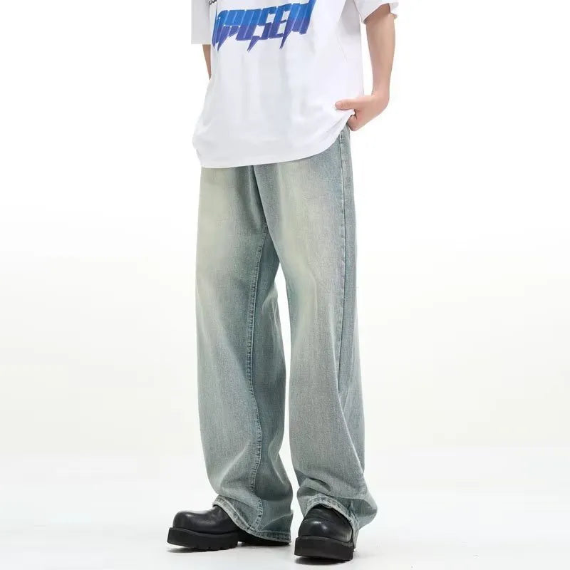 Blue retro-style loose casual trousers made from rabbit fur on a size chart.