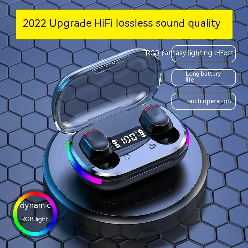 K10 Black in-ear Bluetooth headset with digital display, colourful breathing light and ABS earbuds