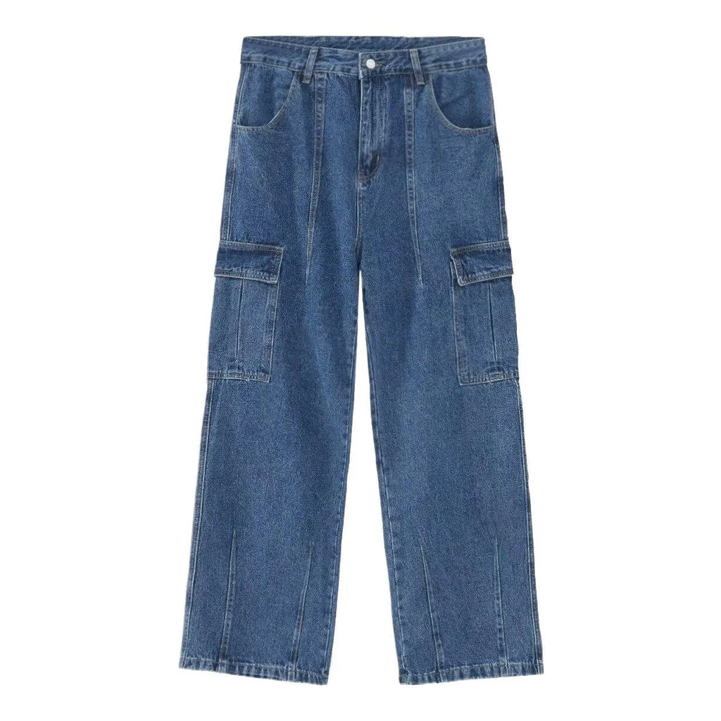Loose straight-leg workwear jeans in non-stretch cotton denim, blue or black, sizes S to 3XL.