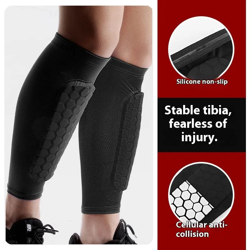 Outdoor sports honeycomb anti-collision leg protector in polyester fibre, available in five colours and sizes M L XL