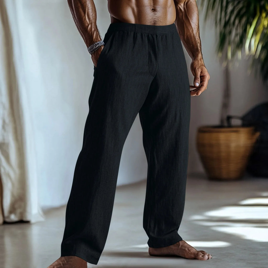 Straight-leg casual trousers in cotton and linen fabric on a hanger.