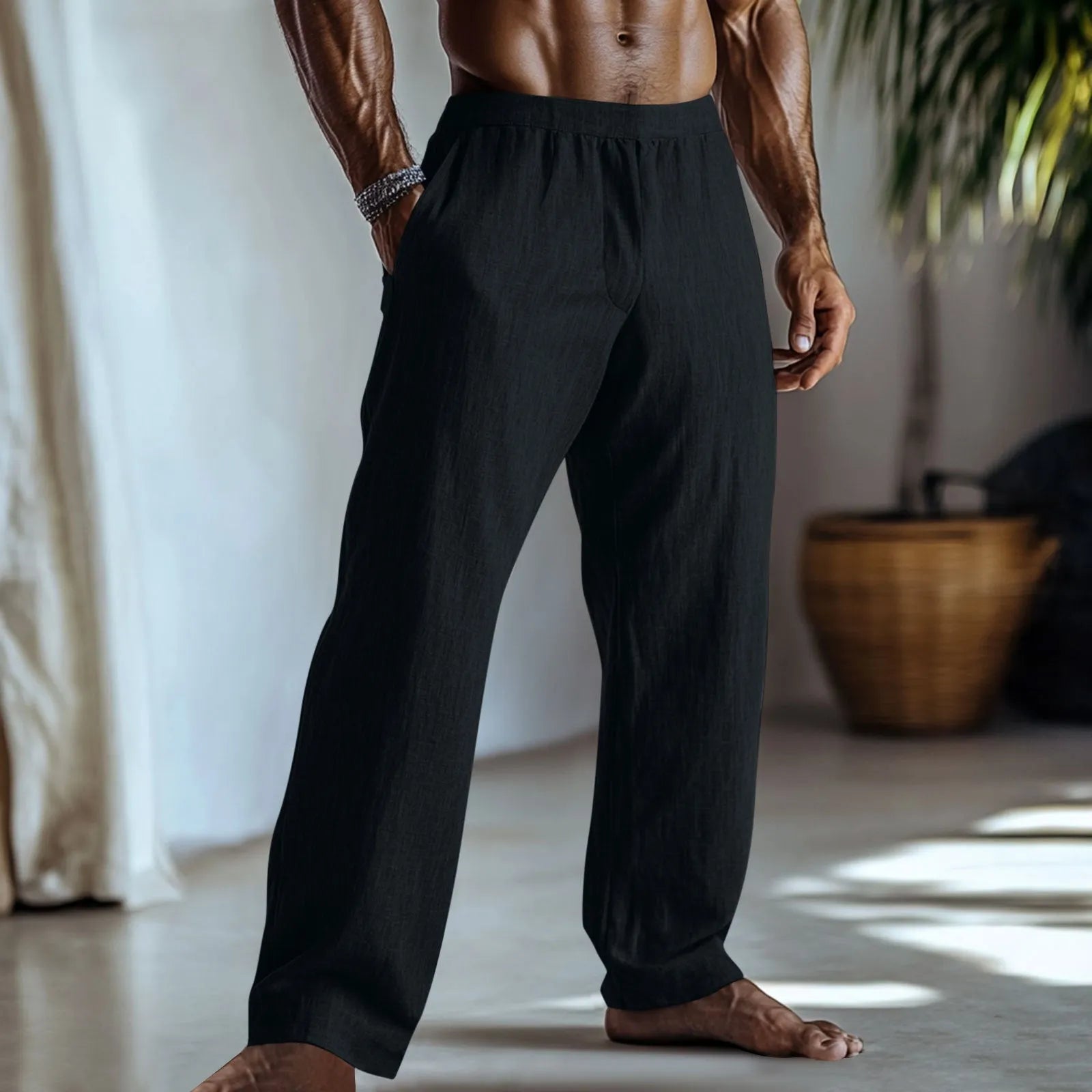Straight-leg casual trousers in cotton and linen fabric on a hanger.