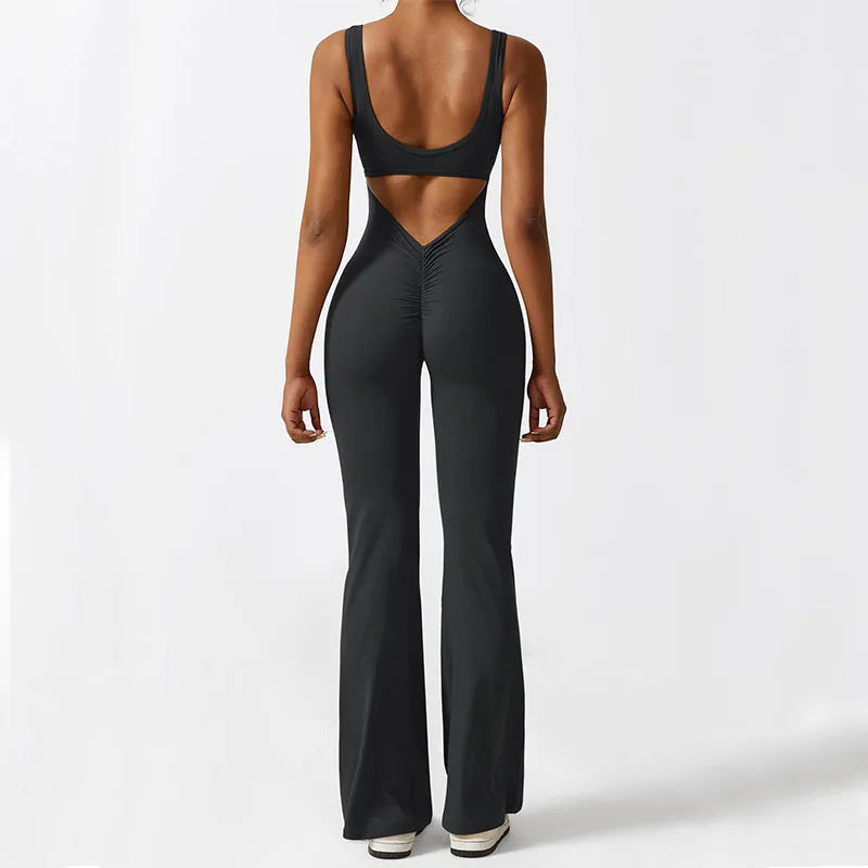 Women's sleeveless flare jumpsuit for yoga in army green colour
