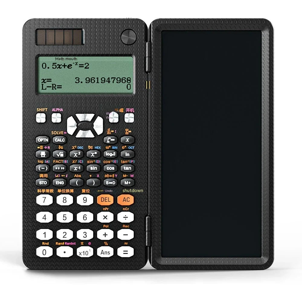 Versatile folding scientific calculator with integrated digital handwriting pad for seamless note-taking and calculations