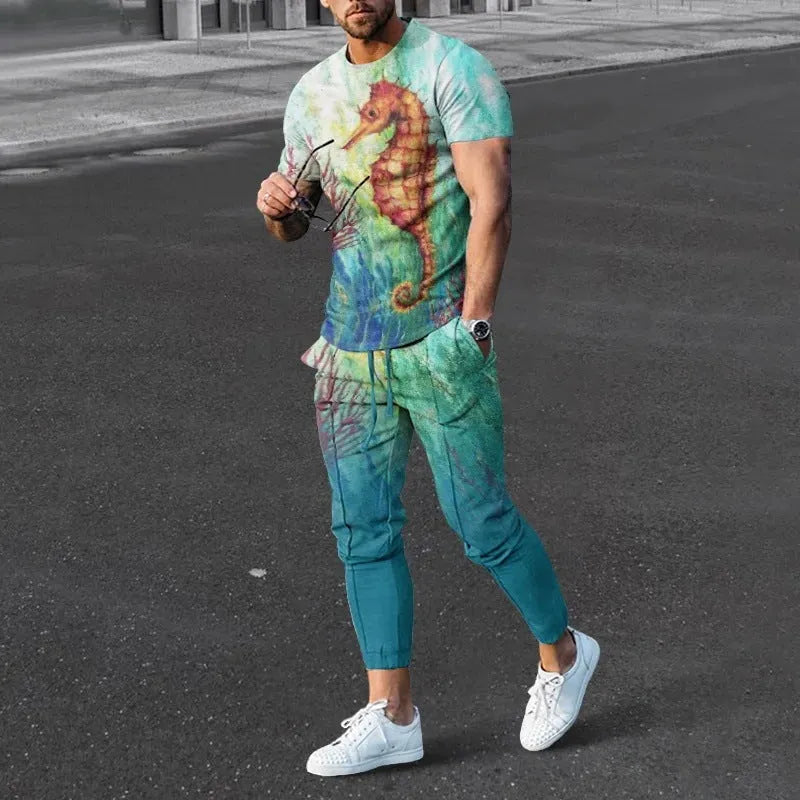 Man wearing a short-sleeved printed round neck T-shirt and matching trousers from a cotton-like polyester suit.