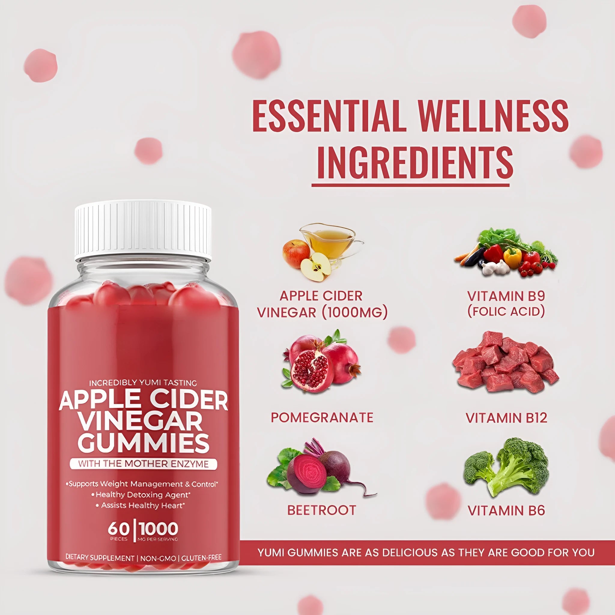 Apple cider vinegar gummies bottle containing 60 soft candy tablets for adult nutritional supplementation