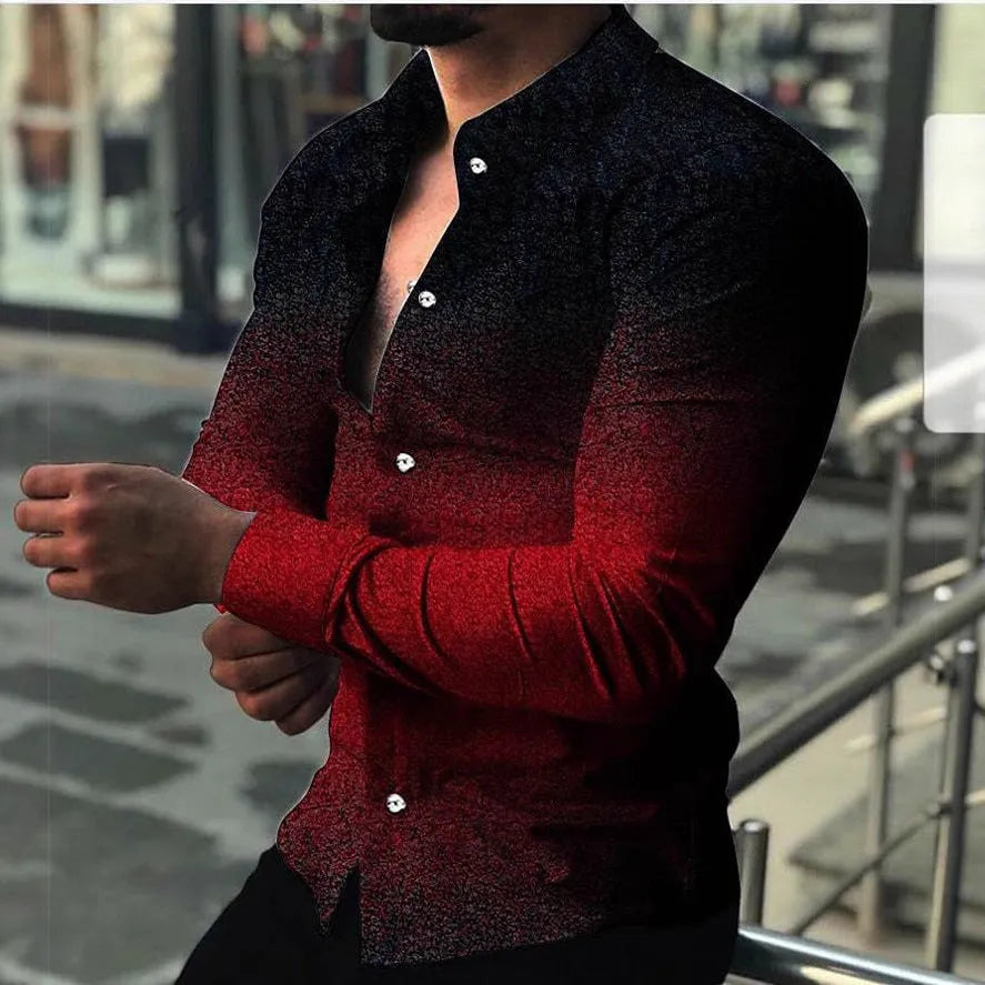 Men's slim fit gradient cardigan in blue with long sleeves and button front, shown on model