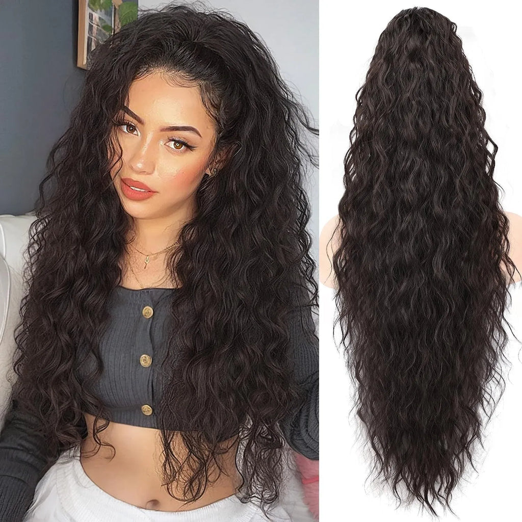 Long curly ponytail wig with grip band in synthetic high-temperature fibre
