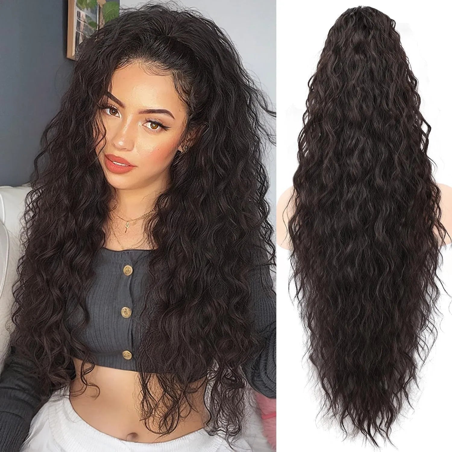 Long curly ponytail wig with grip band in synthetic high-temperature fibre