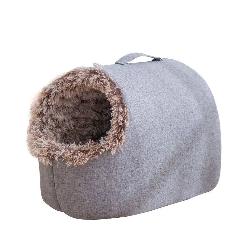 Grey fleece-lined cat nest sleeping bag with closed design for winter pet comfort
