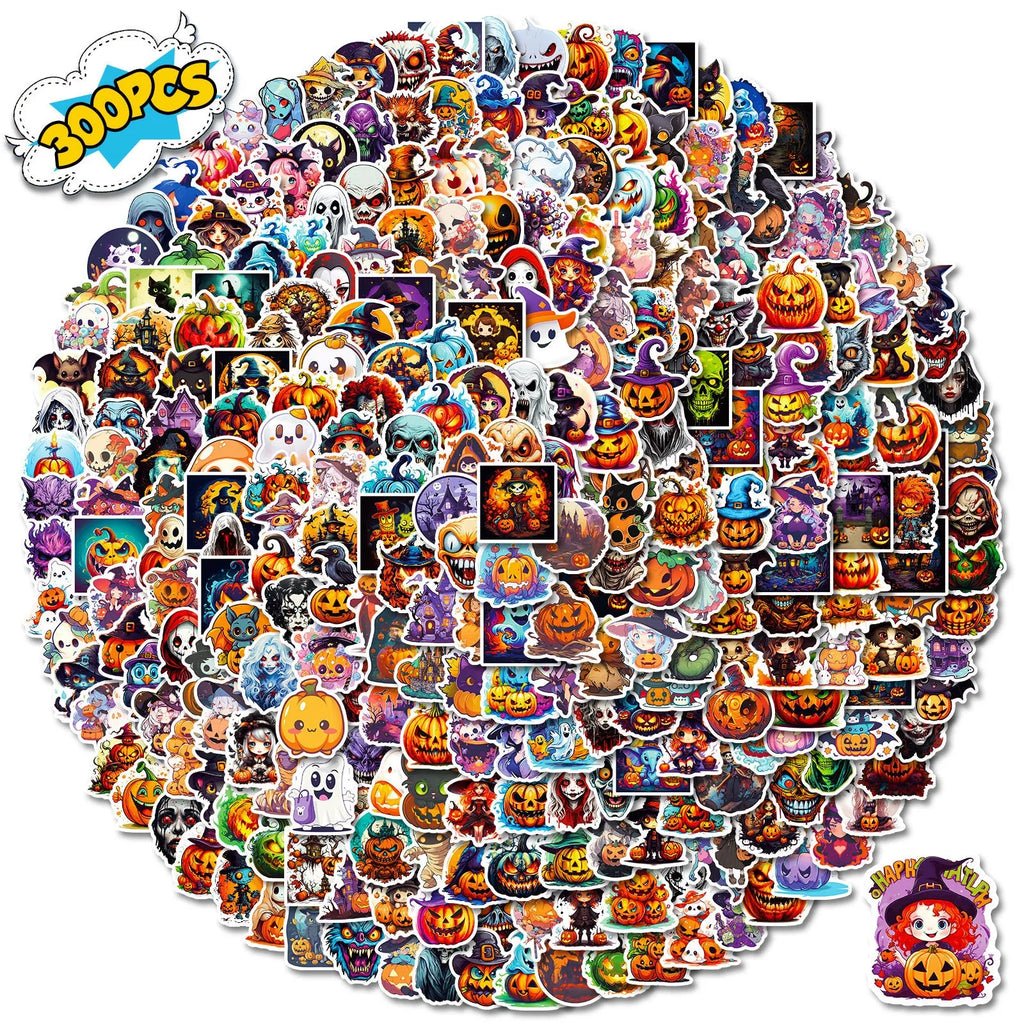 300 Halloween stickers with cartoon pumpkin witch ghost designs on PP surface adhesive paper sheets
