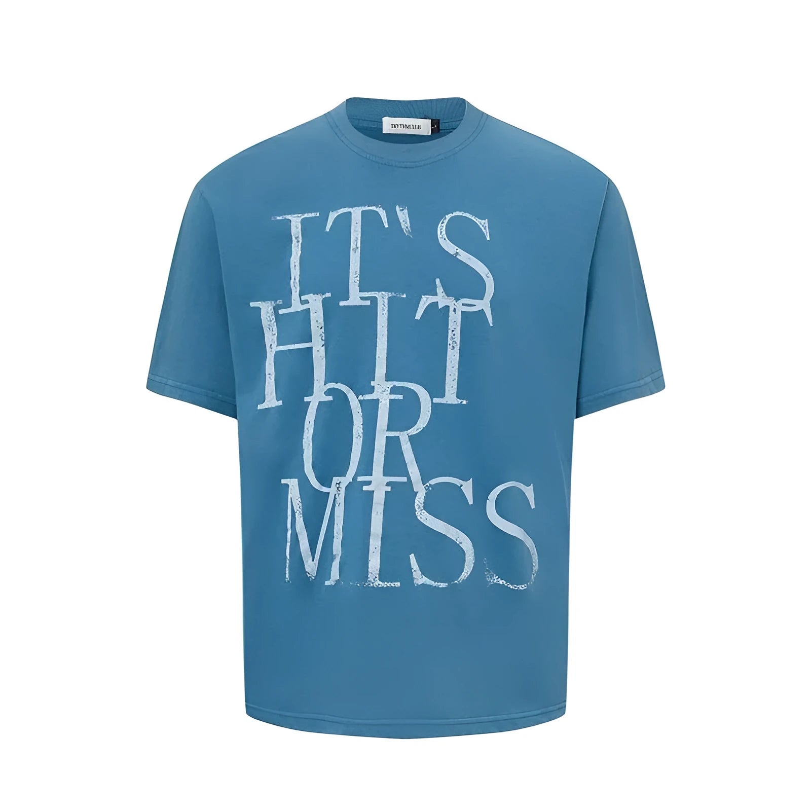 Men's loose fit blue t-shirt with white American retro letter print on the front.