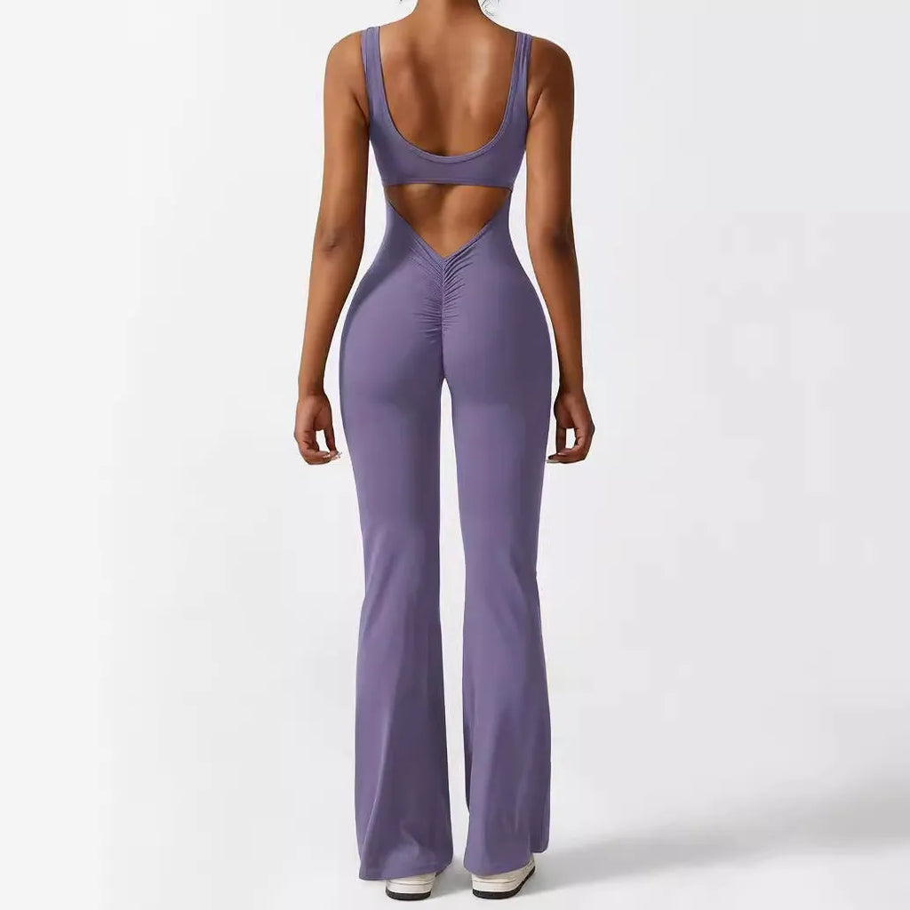 Women's sleeveless flare jumpsuit for yoga in army green colour