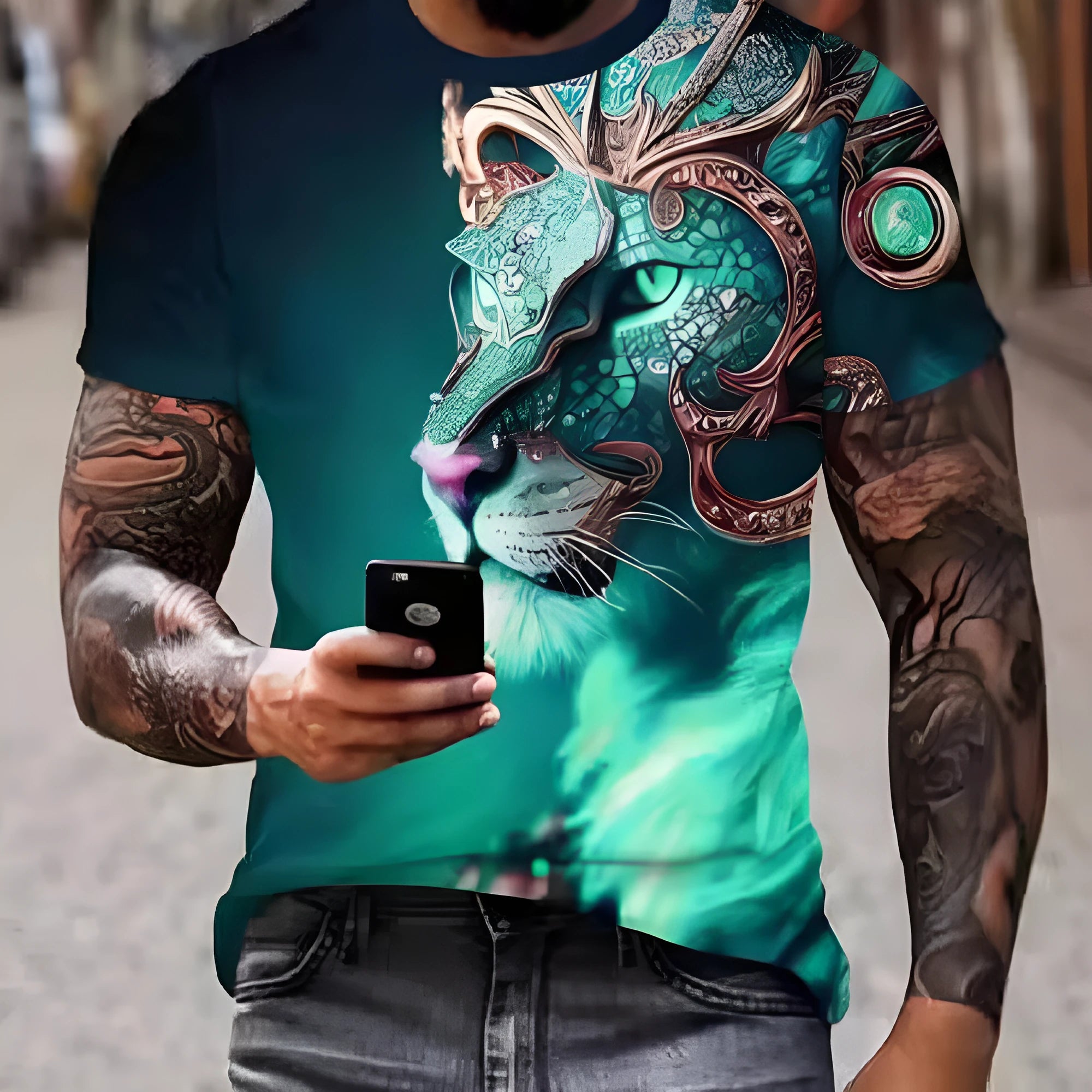 Men's black T-shirt with a fierce 3D lion graphic print on the front.